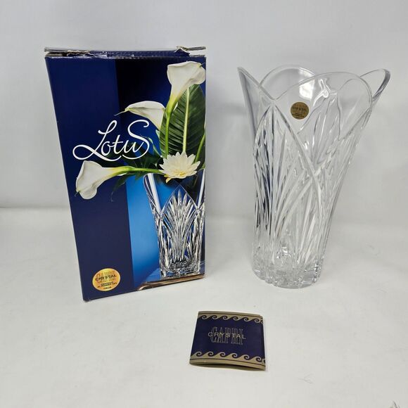 Capri Crystal Lotus Clear Vase 10" x 3.25" Genuine 24% Leaded Crystal New in Box - Picture 1 of 13